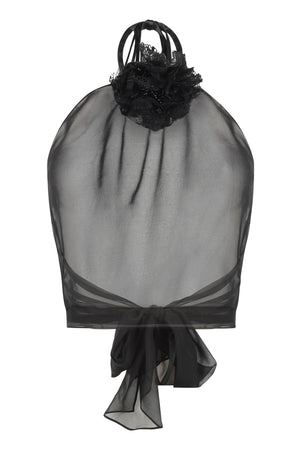 DOLCE & GABBANA Black Sheer Silk Chiffon Top with Flower on Neck - Halter Neck - Regular Fit