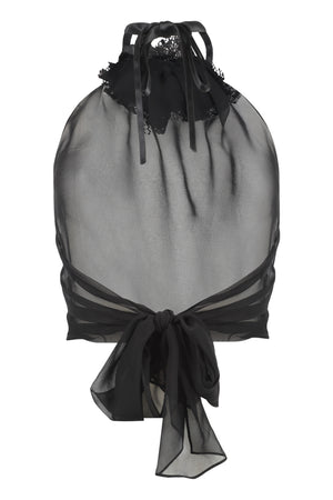 Black Sheer Silk Chiffon Top with Flower on Neck - Halter Neck - Regular Fit