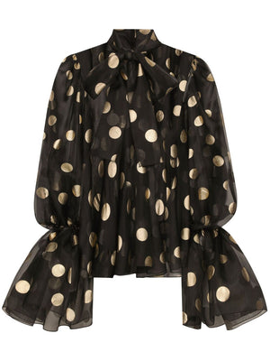 DOLCE & GABBANA Translucent Polka Dot Embroidered Shirt with Ruffle Cuffs