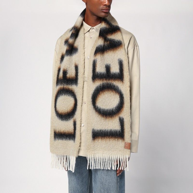 LOEWE Elegant Beige & Black Fringed Scarf