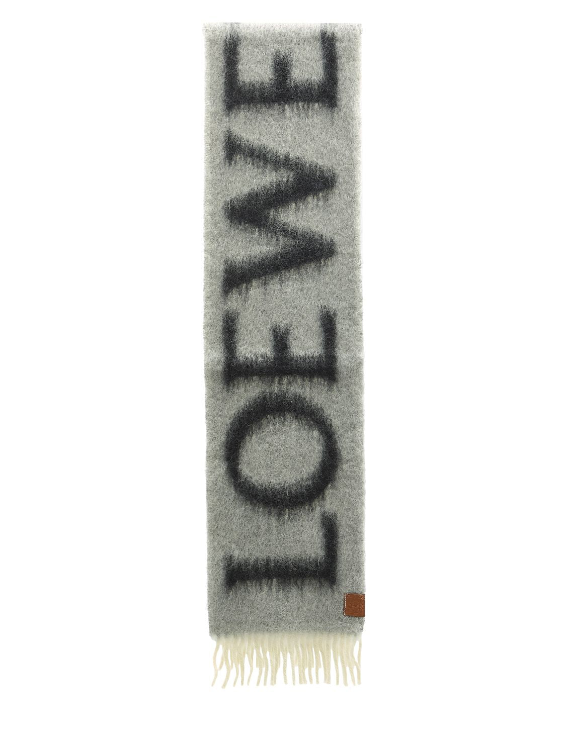 灰色羊毛与摩哈尔毛巾围巾，带流苏边和LOEWE标识点压皮质吊牌