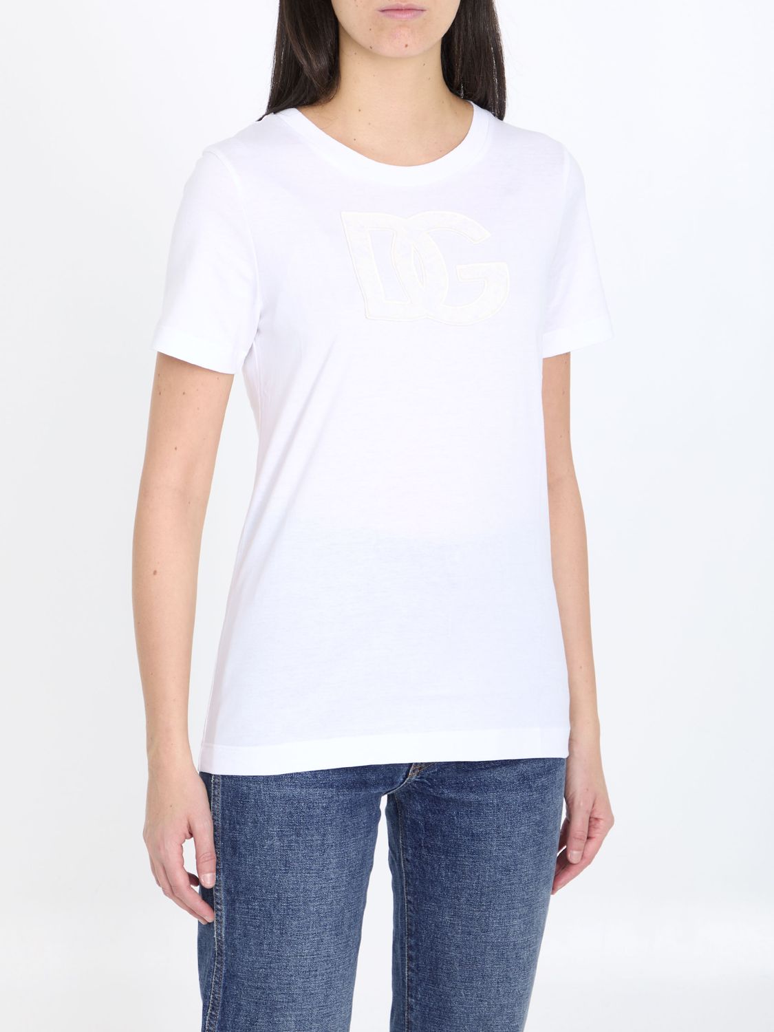 DOLCE & GABBANA White Lace Logo T-Shirt for Women