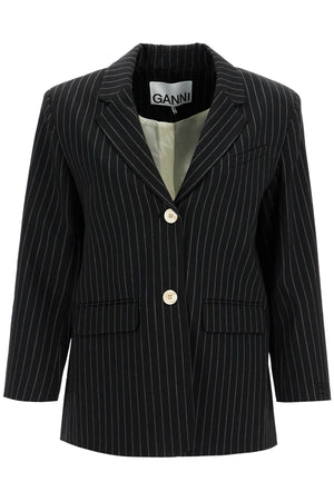 GANNI Contemporary Striped Boxy Blazer with 7/8 Sleeves