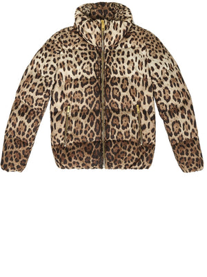 Beige Leopard Print Short Down Jacket for Women