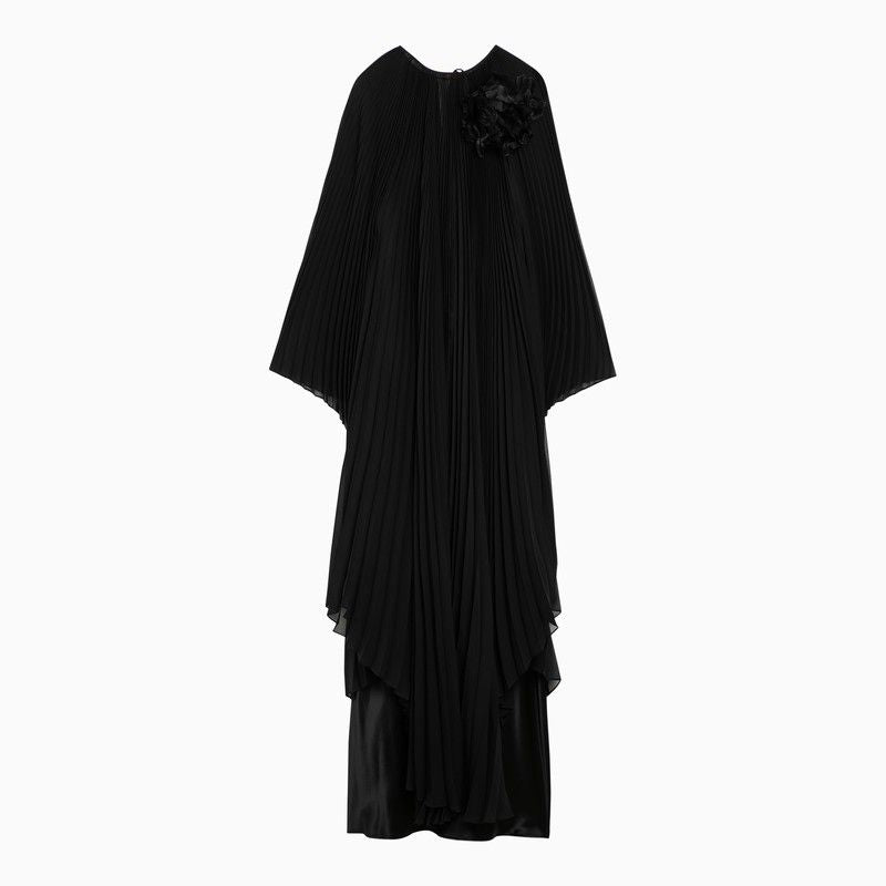 MAX MARA PIANOFORTE Black Pleated Chiffon Dress with Silk Slip and Flower Brooch