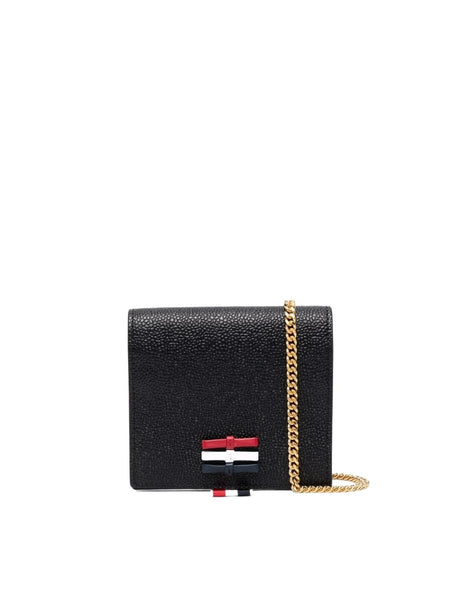 THOM BROWNE Mini 3-Bow Card Holder with Chain Strap in Pebble Grain Leather