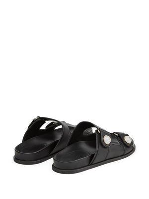 JIMMY CHOO Elegant Black Leather Sandals with Faux-Pearl Embellishment