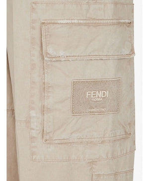 FENDI Men's Beige Cargo Trousers in Gabardine for SS23