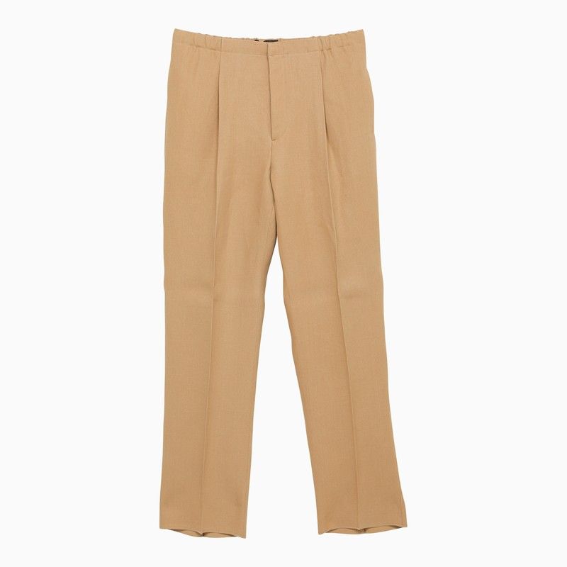 Men's Beige Regular Canvas Trousers with Front Zip and Pockets