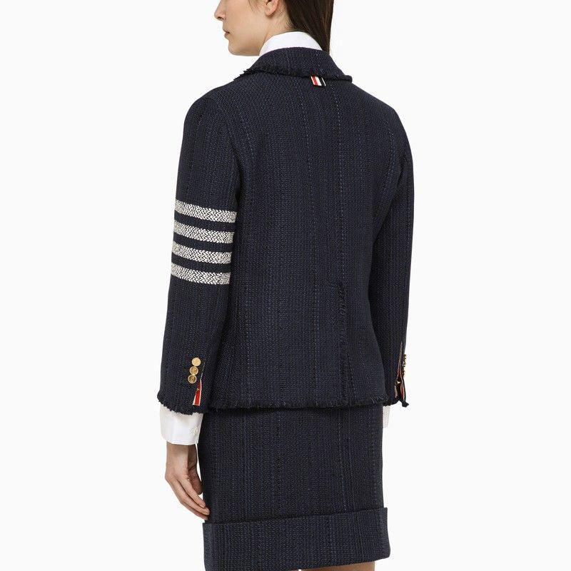 蓝色羊毛混纺单件开襟外套，配有三色细节