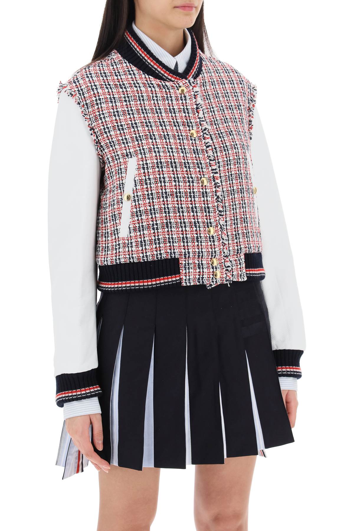 THOM BROWNE Mixed Colours Tweed Bomber Jacket with Leather Sleeves for Women