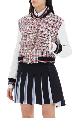 THOM BROWNE Mixed Colours Tweed Bomber Jacket with Leather Sleeves for Women