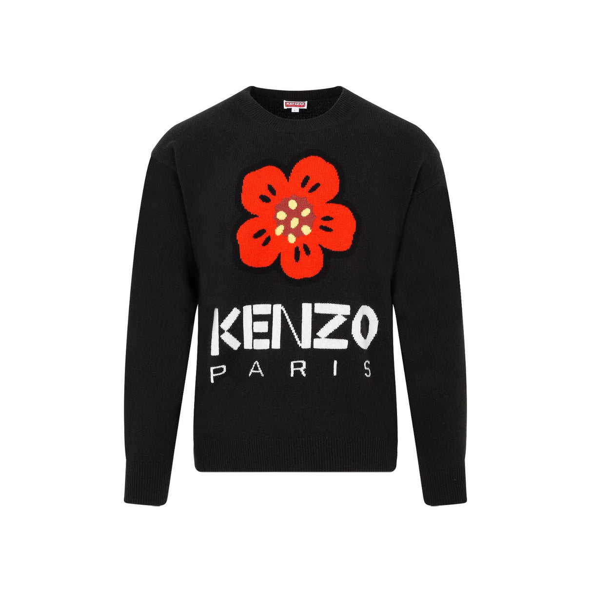 KENZO Black Crew-neck Wool Sweater with Boke Flower Intarsia for Men