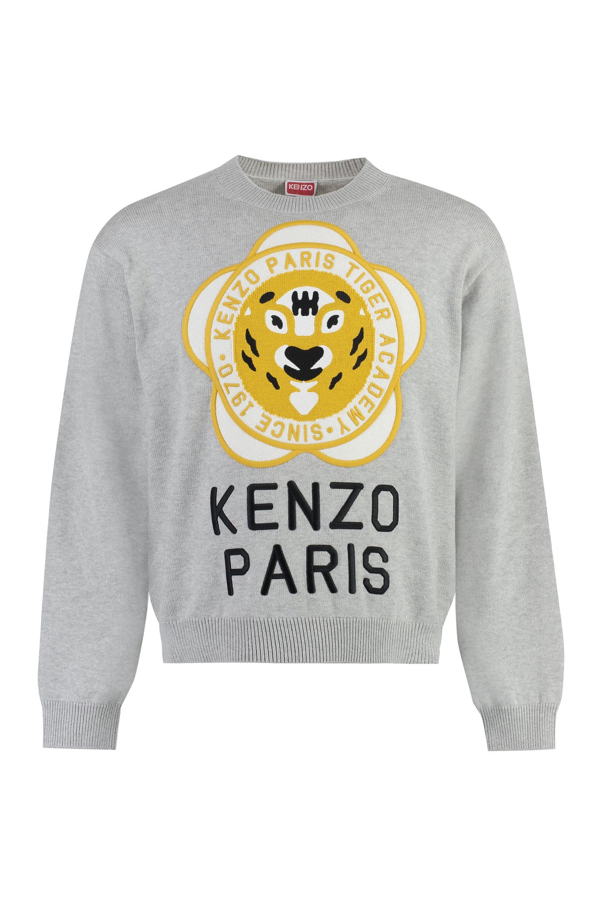 KENZO FW23 Grey Wool-Blend Crew-Neck Sweater with Tiger Academy Logo and Ribbed Knit Edges for Men