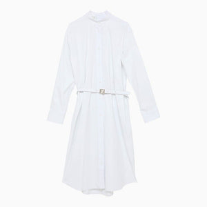 白い綿製シャツドレス、レザーベルトとポケット付き（女性用）