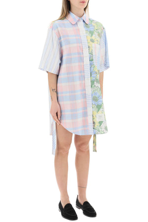 Multicolor Check and Floral Print Cotton Shirtdress