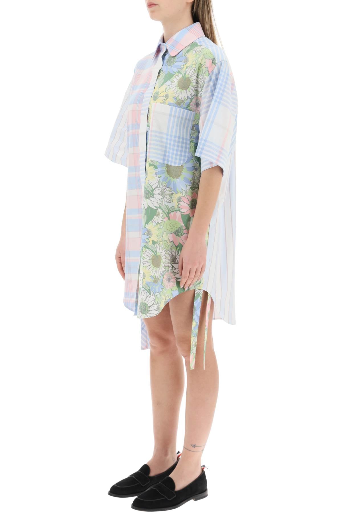 Multicolor Check and Floral Print Cotton Shirtdress