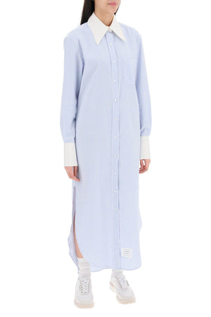 THOM BROWNE Striped Seersucker Maxi Dress with High Silk Faille Cuffs for Women