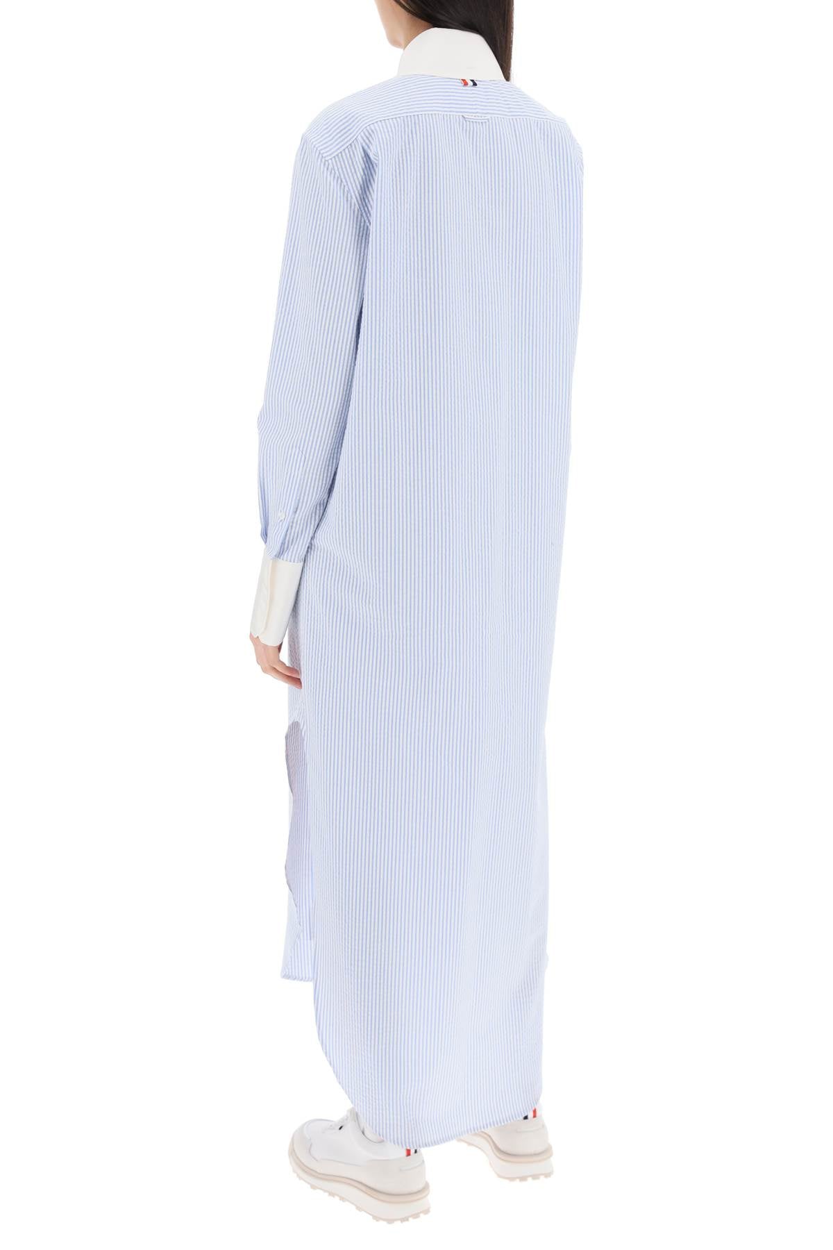 THOM BROWNE Striped Seersucker Maxi Dress with High Silk Faille Cuffs for Women