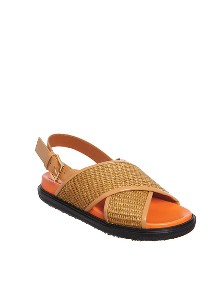 Sandal Raffia và Da Cho Nữ - Phiên bản Đai Da Màu Nâu có Khoá Kim Loại Vàng