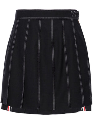 Navy Blue Wool Pleated Mini Skirt - High-Waisted with Side Button Fastening