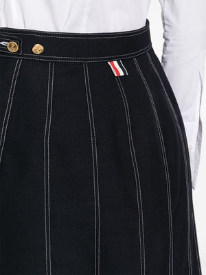 Navy Blue Wool Pleated Mini Skirt - High-Waisted with Side Button Fastening