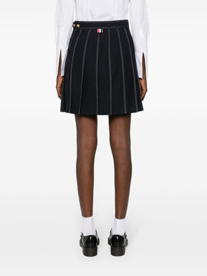 Navy Blue Wool Pleated Mini Skirt - High-Waisted with Side Button Fastening