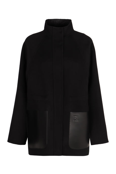 FENDI Women's Black Jacket with Int Monogram Leather Pockets