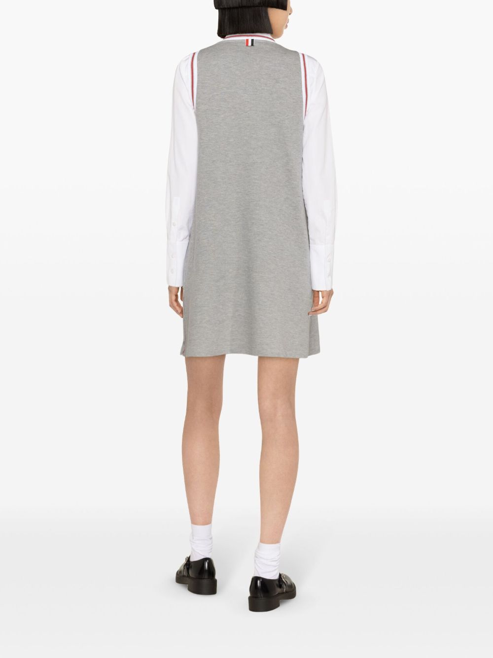 THOM BROWNE Grey Stripe Trim V-Neck Sleeveless Cotton Dress