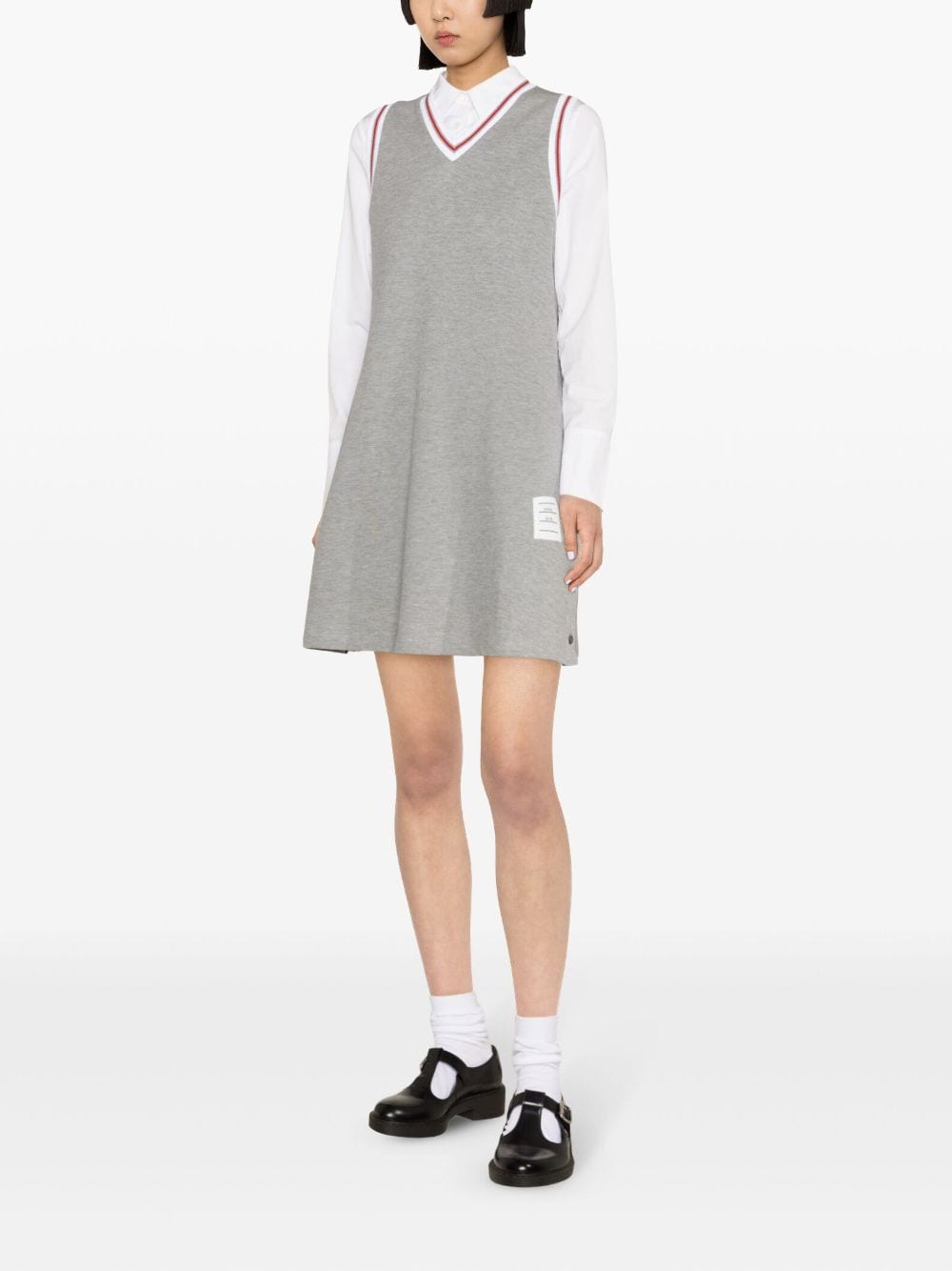 THOM BROWNE Grey Stripe Trim V-Neck Sleeveless Cotton Dress