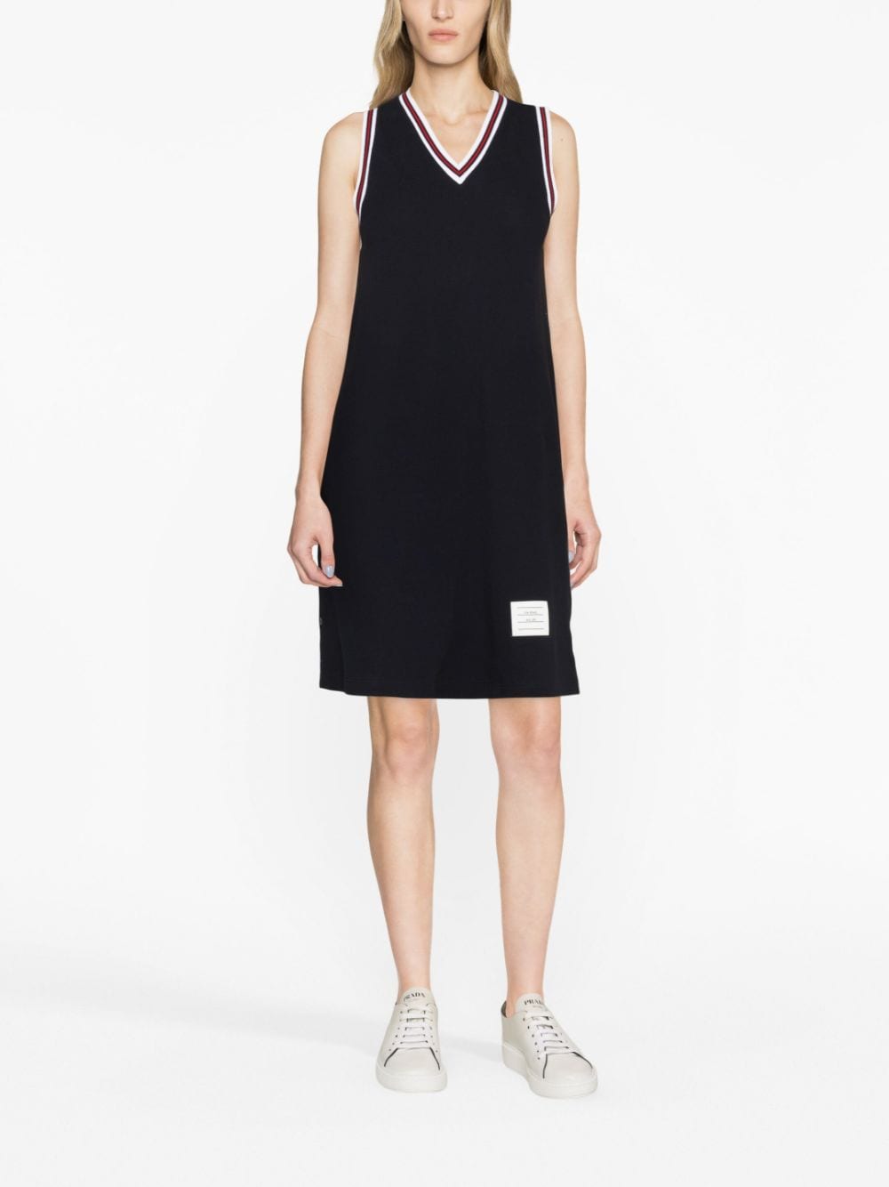 THOM BROWNE Grey Stripe Trim V-Neck Sleeveless Cotton Dress