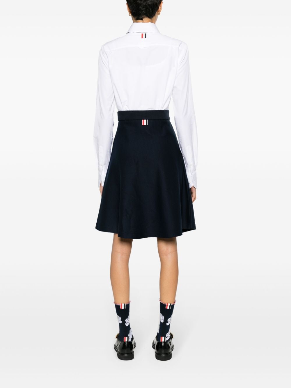 THOM BROWNE Elegant Navy Blue High-Waisted Midi Skirt with RWB Stripe