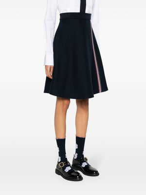 THOM BROWNE Elegant Navy Blue High-Waisted Midi Skirt with RWB Stripe