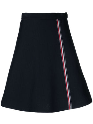 THOM BROWNE Elegant Navy Blue High-Waisted Midi Skirt with RWB Stripe