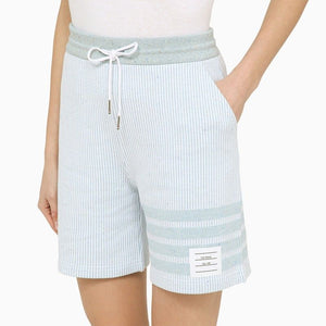 THOM BROWNE Light Blue Striped Cotton Knit Bermuda Shorts for Women