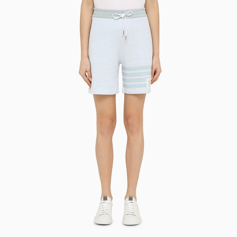 THOM BROWNE Light Blue Striped Cotton Knit Bermuda Shorts for Women