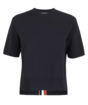 THOM BROWNE Blue Knit T-Shirt with Ribbed Neckline, Cuffs, and Asymmetric Hem