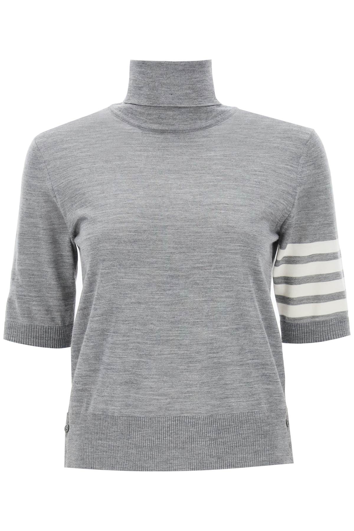 Navy Blue Short-Sleeved Turtleneck with Contrasting Stripes for Women