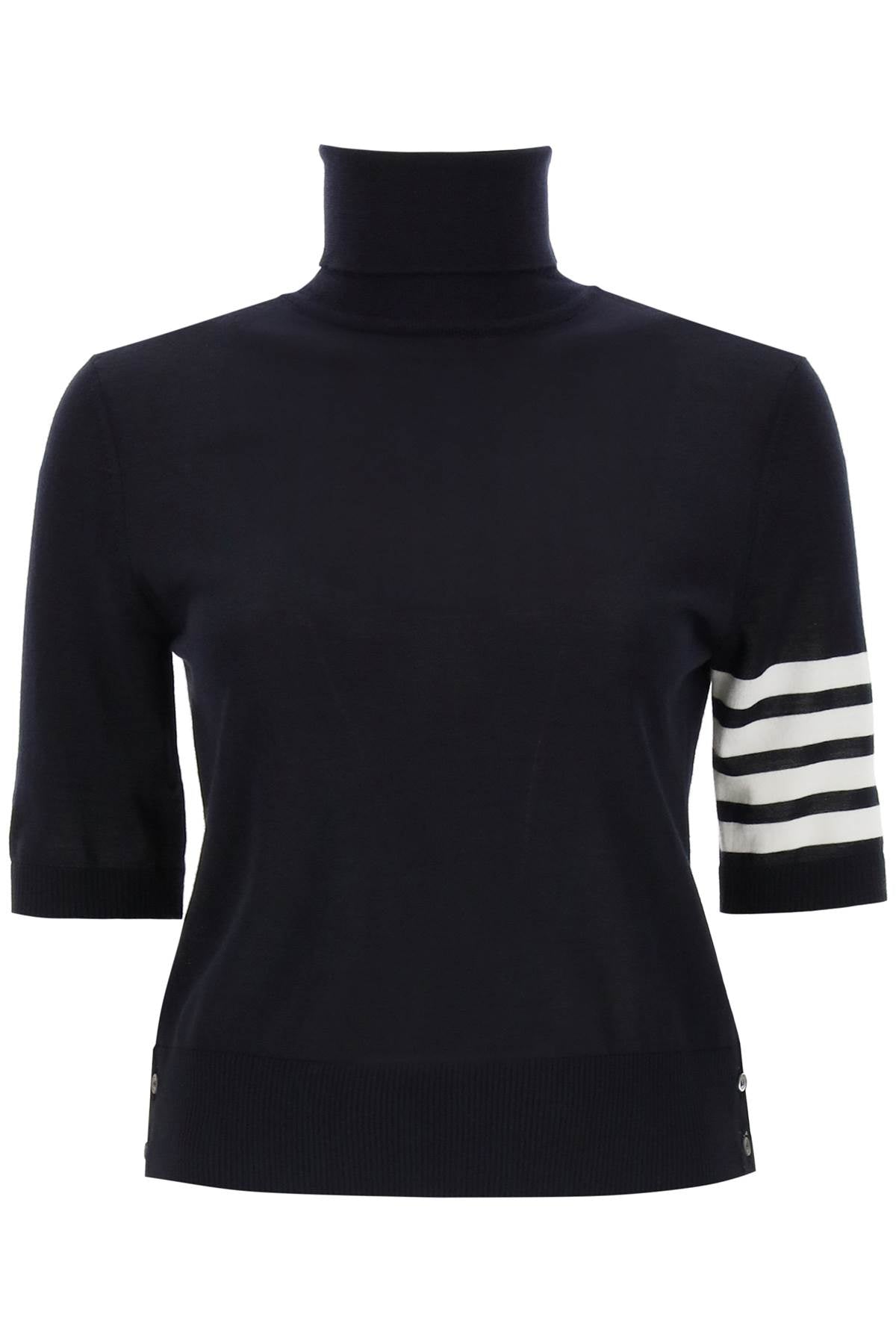 Navy Blue Short-Sleeved Turtleneck with Contrasting Stripes for Women