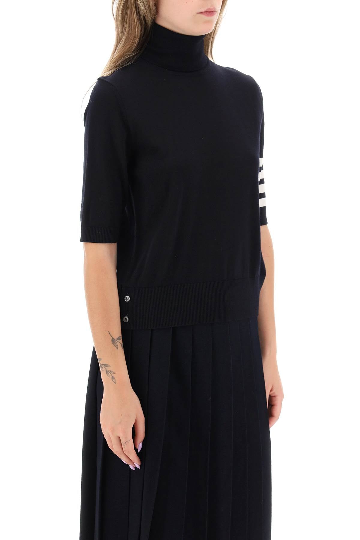 Navy Blue Short-Sleeved Turtleneck with Contrasting Stripes for Women