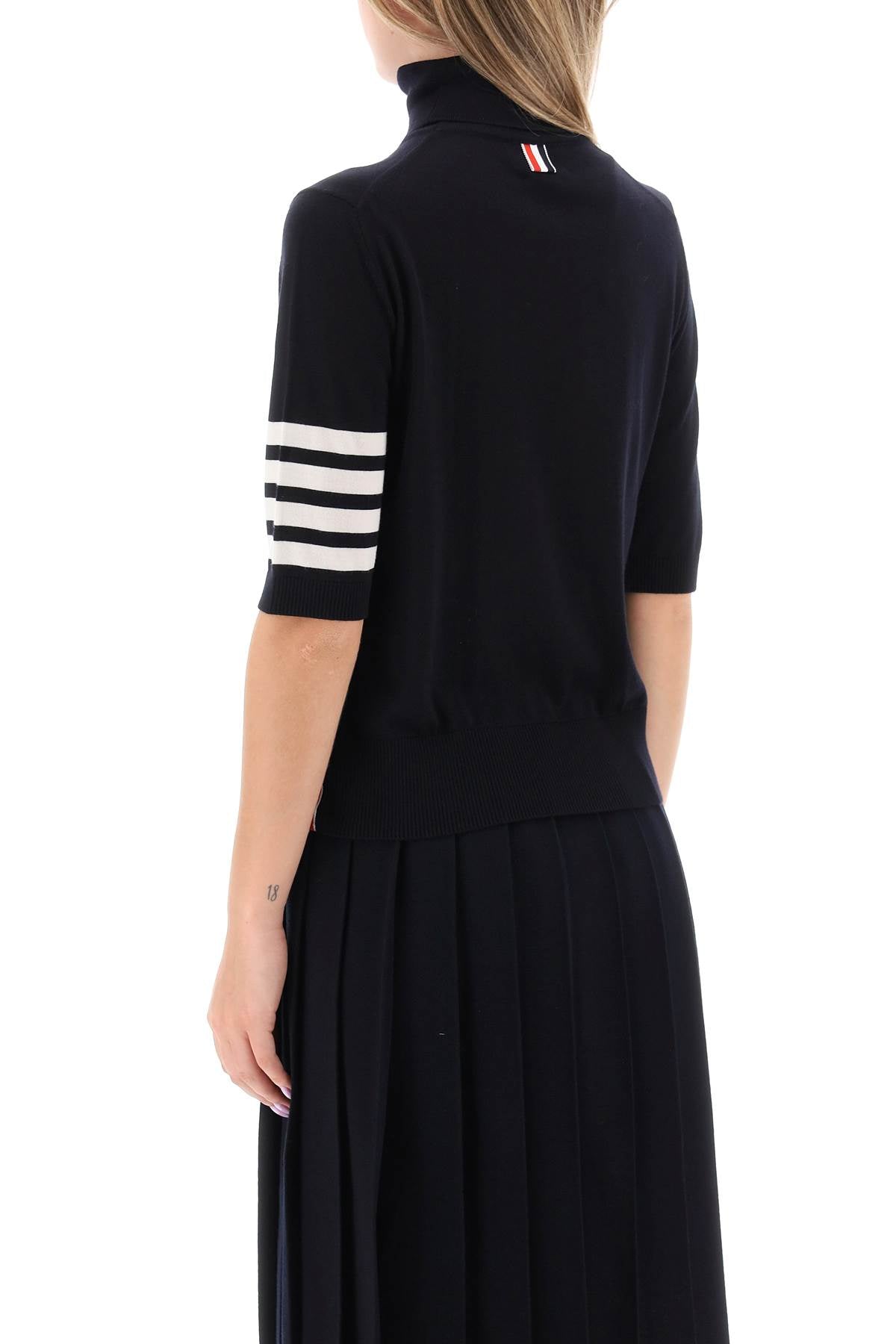 Navy Blue Short-Sleeved Turtleneck with Contrasting Stripes for Women