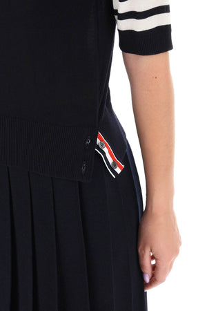 Navy Blue Short-Sleeved Turtleneck with Contrasting Stripes for Women