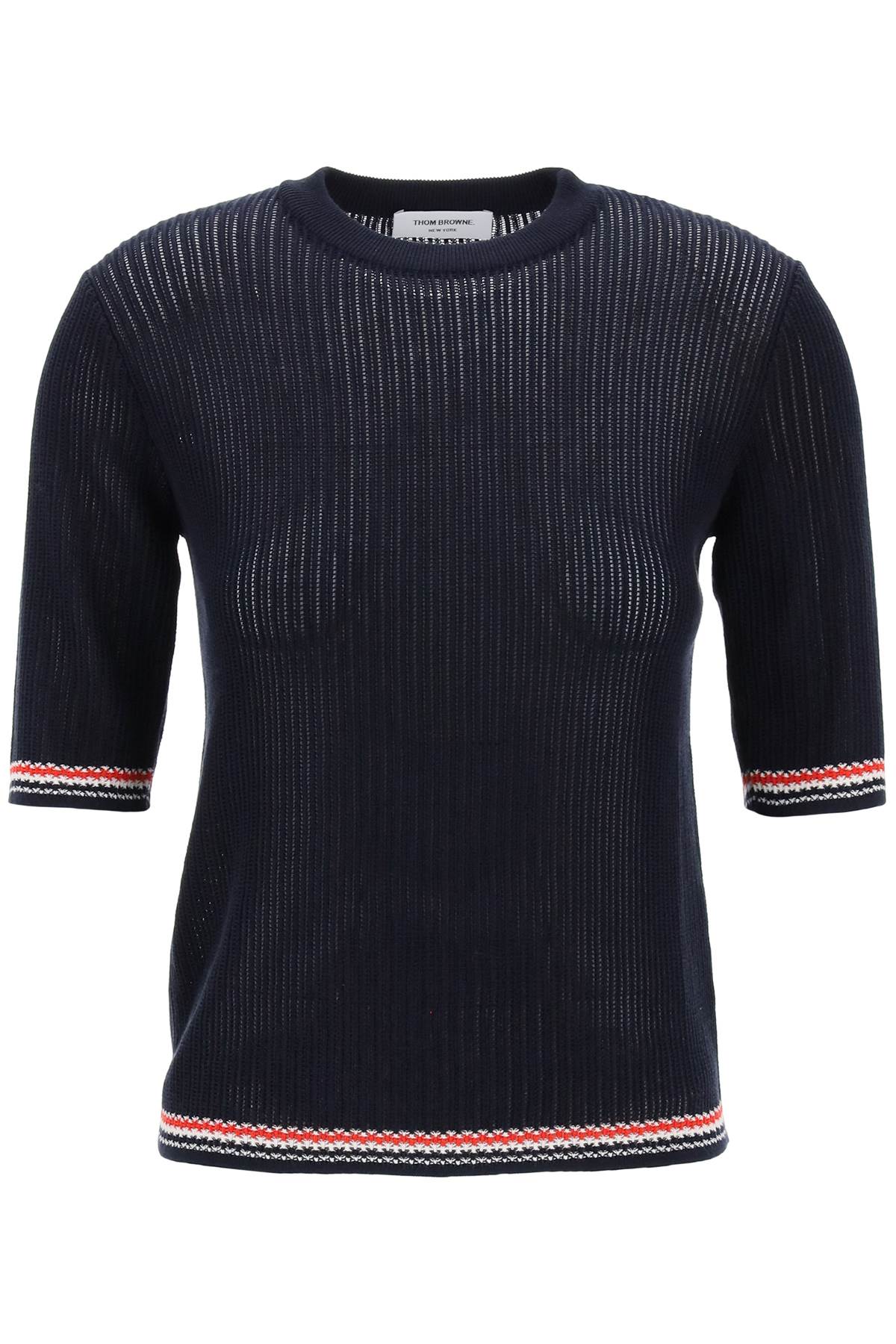 Blue Pointelle-Knit T-Shirt with Tricolor Striped Trims