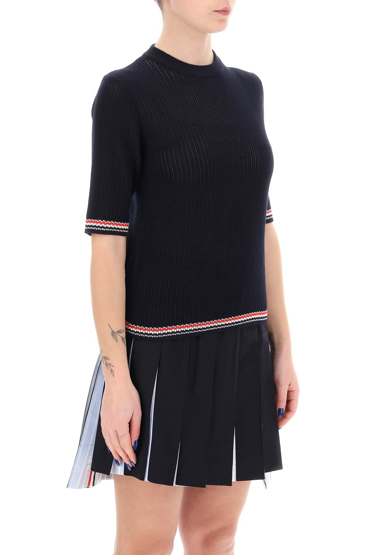 Blue Pointelle-Knit T-Shirt with Tricolor Striped Trims