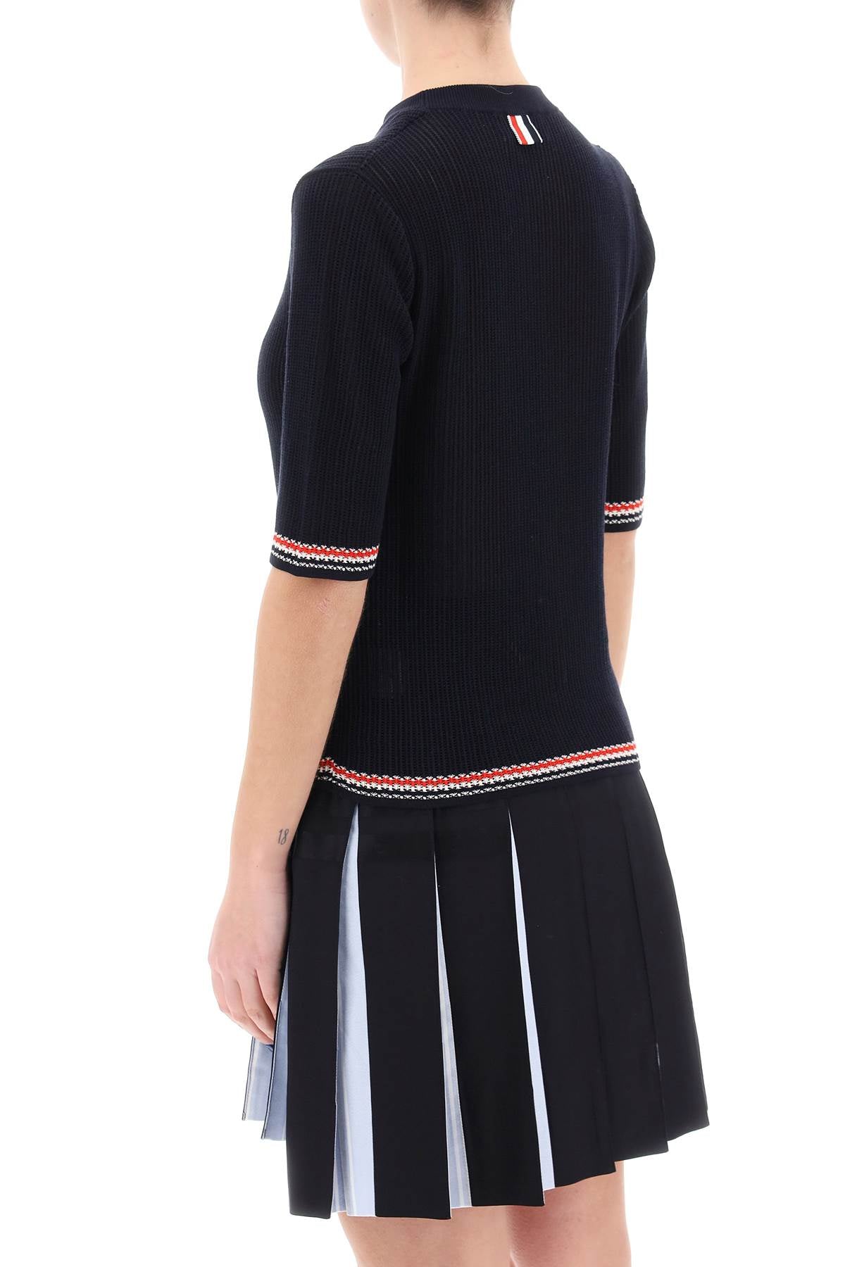 Blue Pointelle-Knit T-Shirt with Tricolor Striped Trims