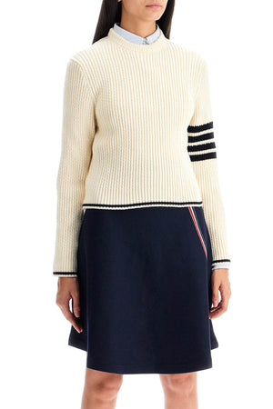 THOM BROWNE Elegant Cable Knit Crewneck Sweater with Signature Stripes