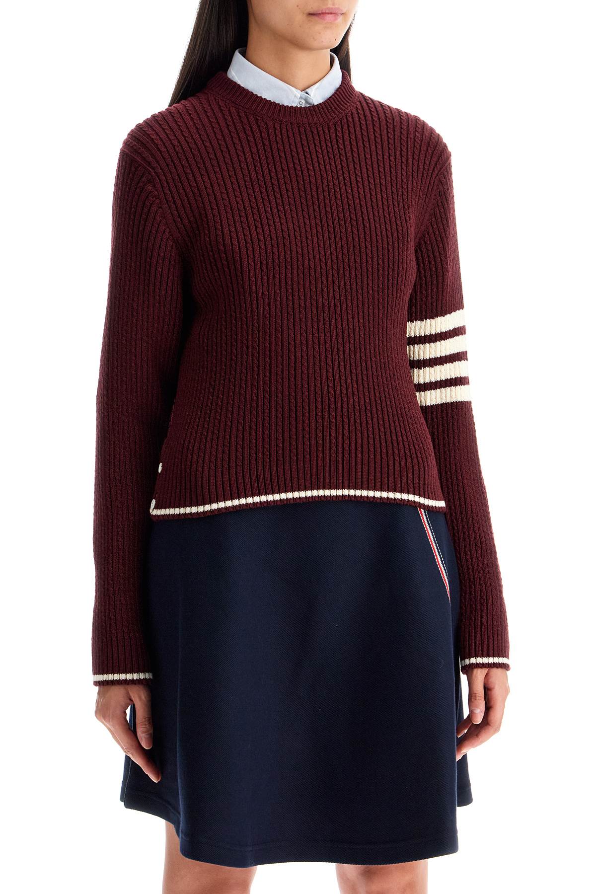 THOM BROWNE Elegant Cable Knit Crewneck Sweater with Signature Stripes