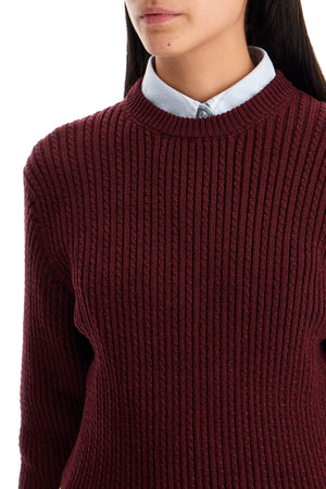 THOM BROWNE Elegant Cable Knit Crewneck Sweater with Signature Stripes