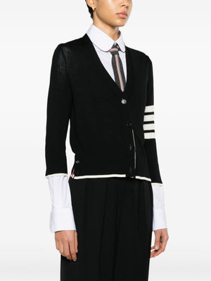 THOM BROWNE Elegant Black Wool Cardigan with Signature Stripes