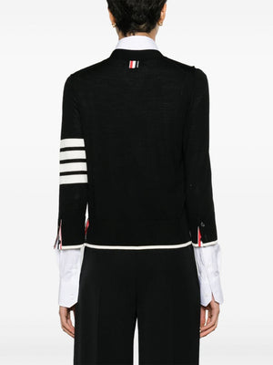 THOM BROWNE Elegant Black Wool Cardigan with Signature Stripes